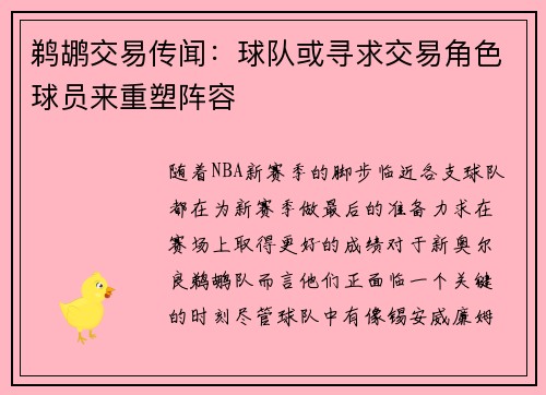 鹈鹕交易传闻：球队或寻求交易角色球员来重塑阵容