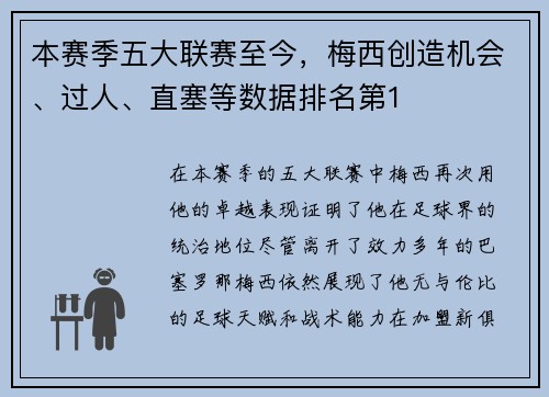 本赛季五大联赛至今，梅西创造机会、过人、直塞等数据排名第1