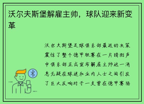 沃尔夫斯堡解雇主帅，球队迎来新变革