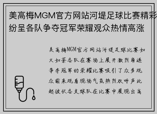 美高梅MGM官方网站河堤足球比赛精彩纷呈各队争夺冠军荣耀观众热情高涨