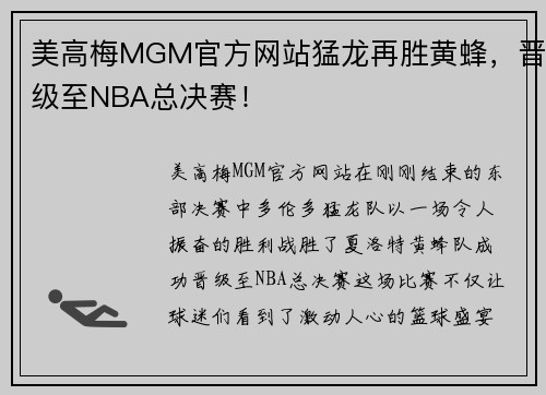 美高梅MGM官方网站猛龙再胜黄蜂，晋级至NBA总决赛！